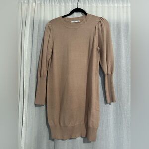 Lush Tan Sweater Dress with ribbed sleeves, neck line, and bottom.